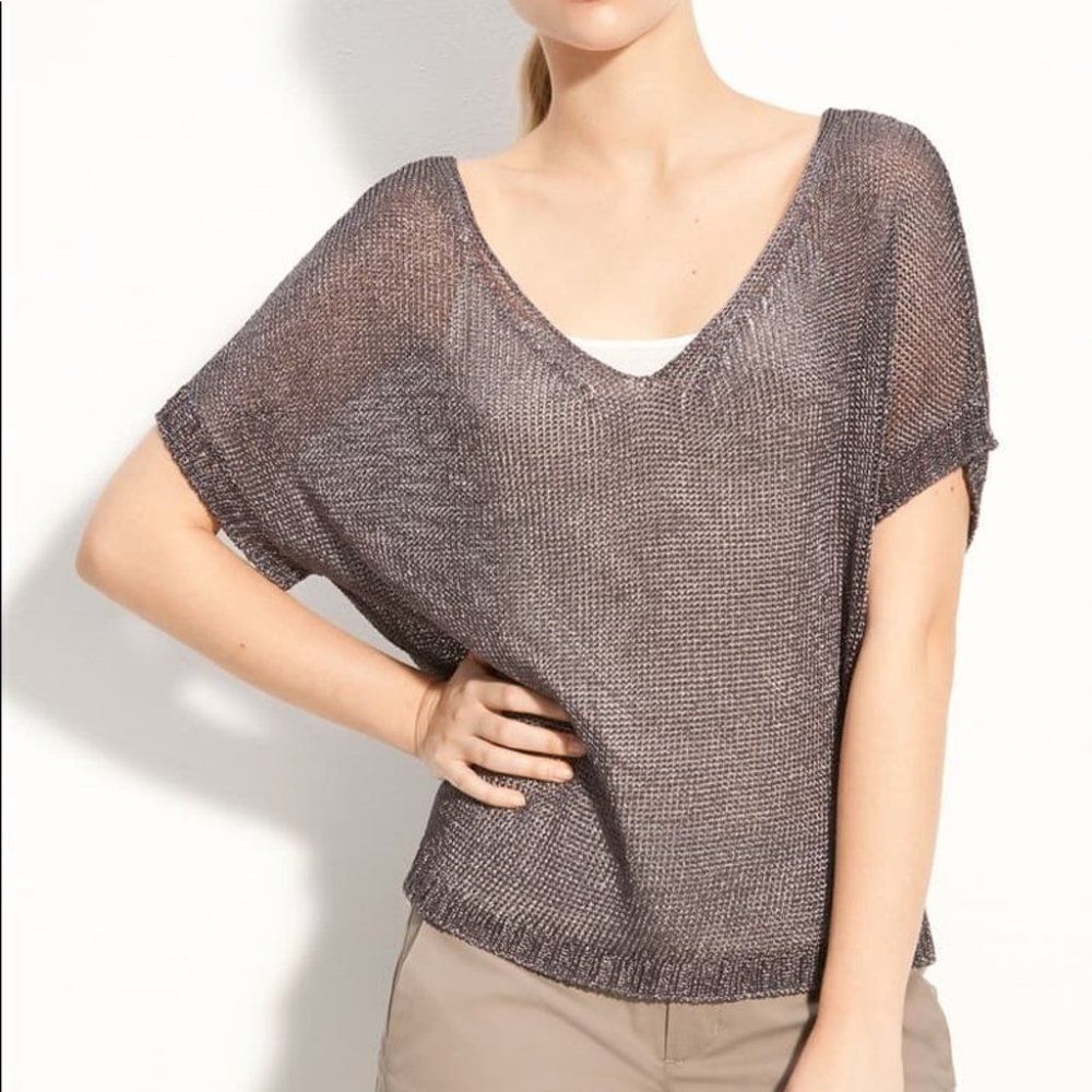 Vince Sheer Mesh Chain Silver Metallic Top Short Sleeve V-neck Size XS